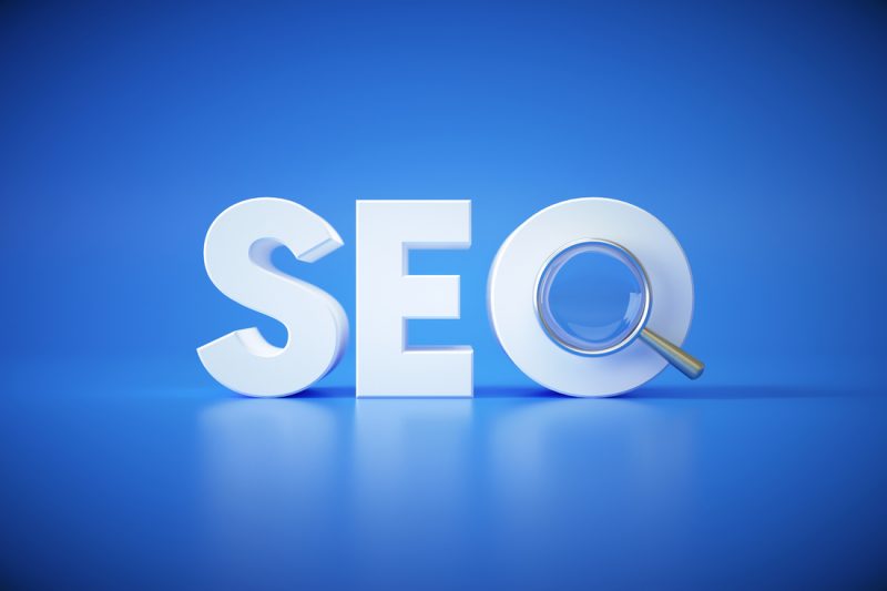SEO search engine optimization concept logo with magnifying on blue background. marketing strategy, online social media search engine 3d render illustration